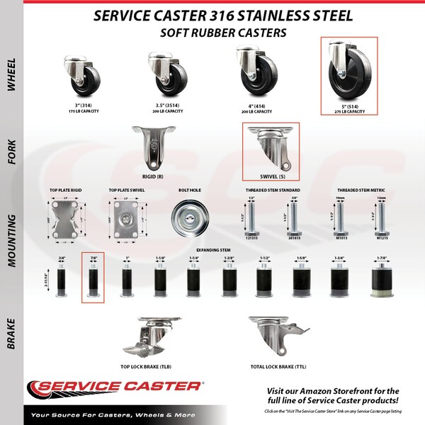 Service Caster 5 Inch 316SS Soft Rubber Wheel Swivel 7/8 Inch Expanding Stem Caster Set SCC SCC-SS316EX20S514-SRS-78-4 - main